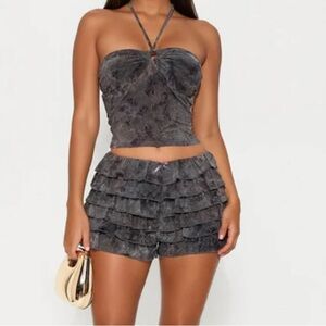 Fashion Nova Charcoal Gray Ruffle Two-Piece Set